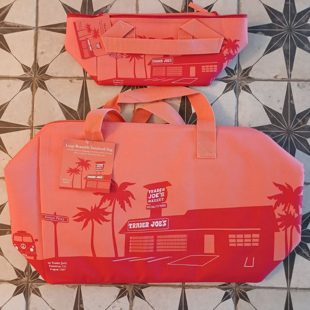 Trader Joe's Large & Mini Set Peach Insulated Cooler Bag Totes Spring Summer NWT